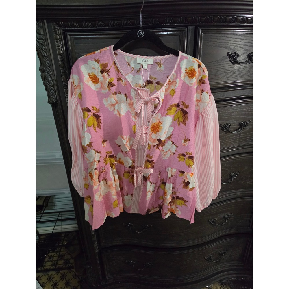 Oddi Pink Floral Peplum Blouse Striped Balloon Sleeve Bow Front Top IT18814 S